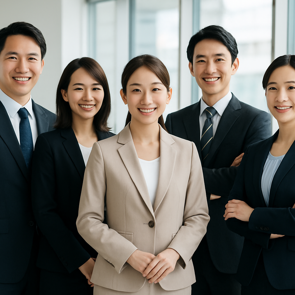 明るいオフィスで笑顔を見せる社員たち